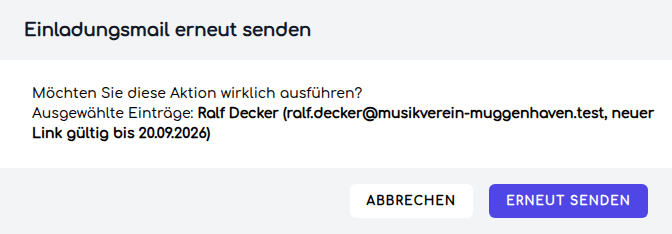 Die Bestätigung für das erneute Senden mit Adresse und neuem Gültigkeitsdatum