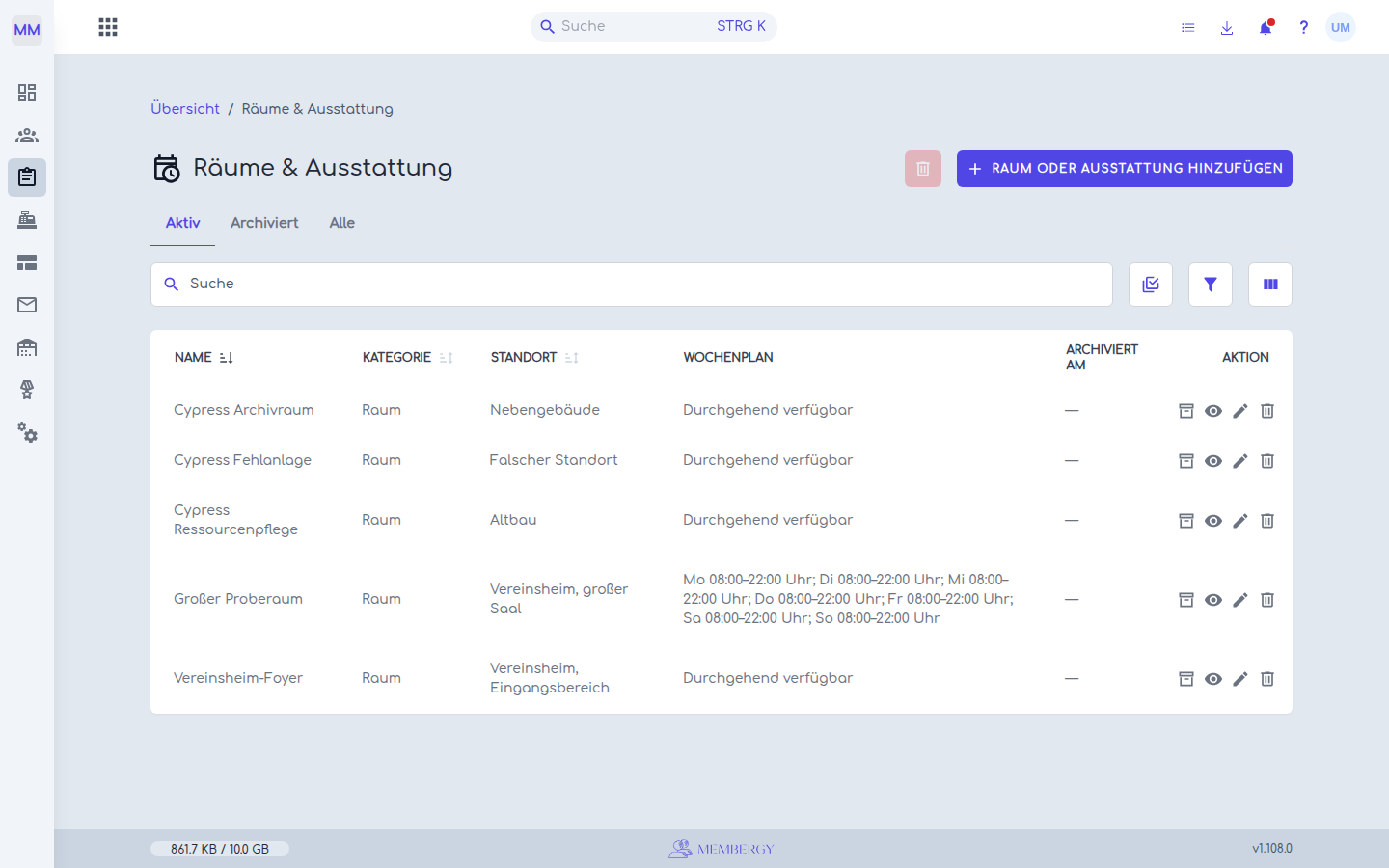 Ressourcenliste mit verfügbaren Aktionen zum Bearbeiten, Archivieren und Löschen